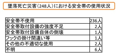 墜落死亡災害(248人)における安全帯の使用状況