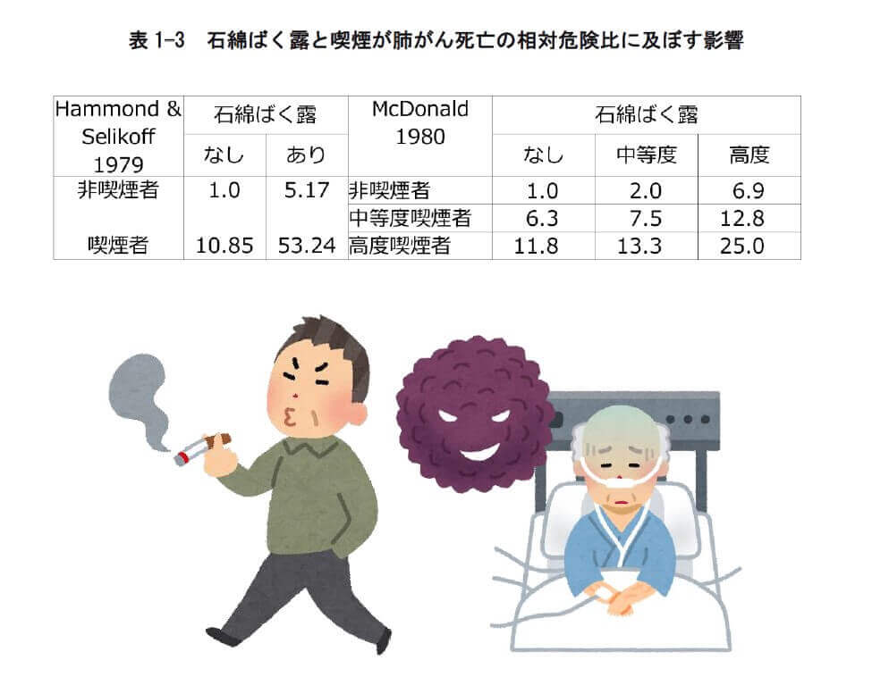 表
1 3 石綿ばく露と喫煙が肺がん死亡の相対危険比に及ぼす影響