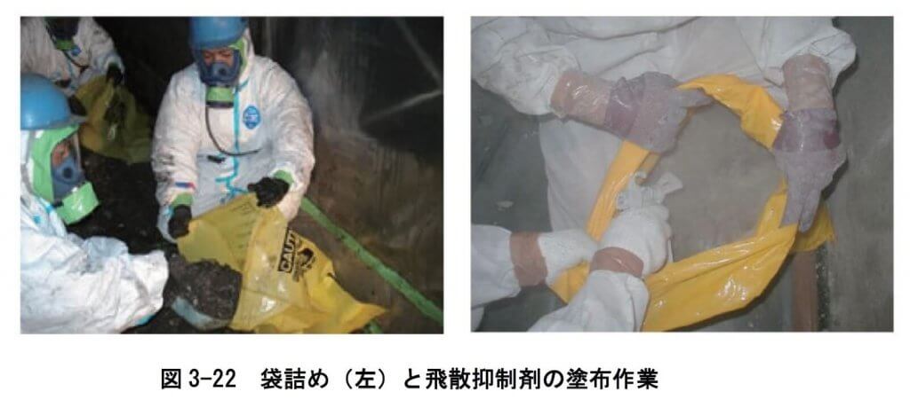 図
3 2 2 袋詰め（左）と飛散抑制剤の塗布作業